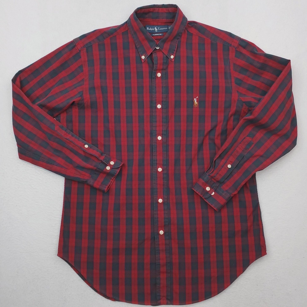 Vintage Ralph Lauren Shirt Mens Medium Red Green Plaid Button Down Long Sleeve